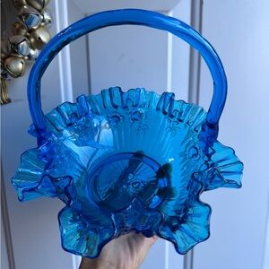 Vintage Fenton cabbage rose blue basket